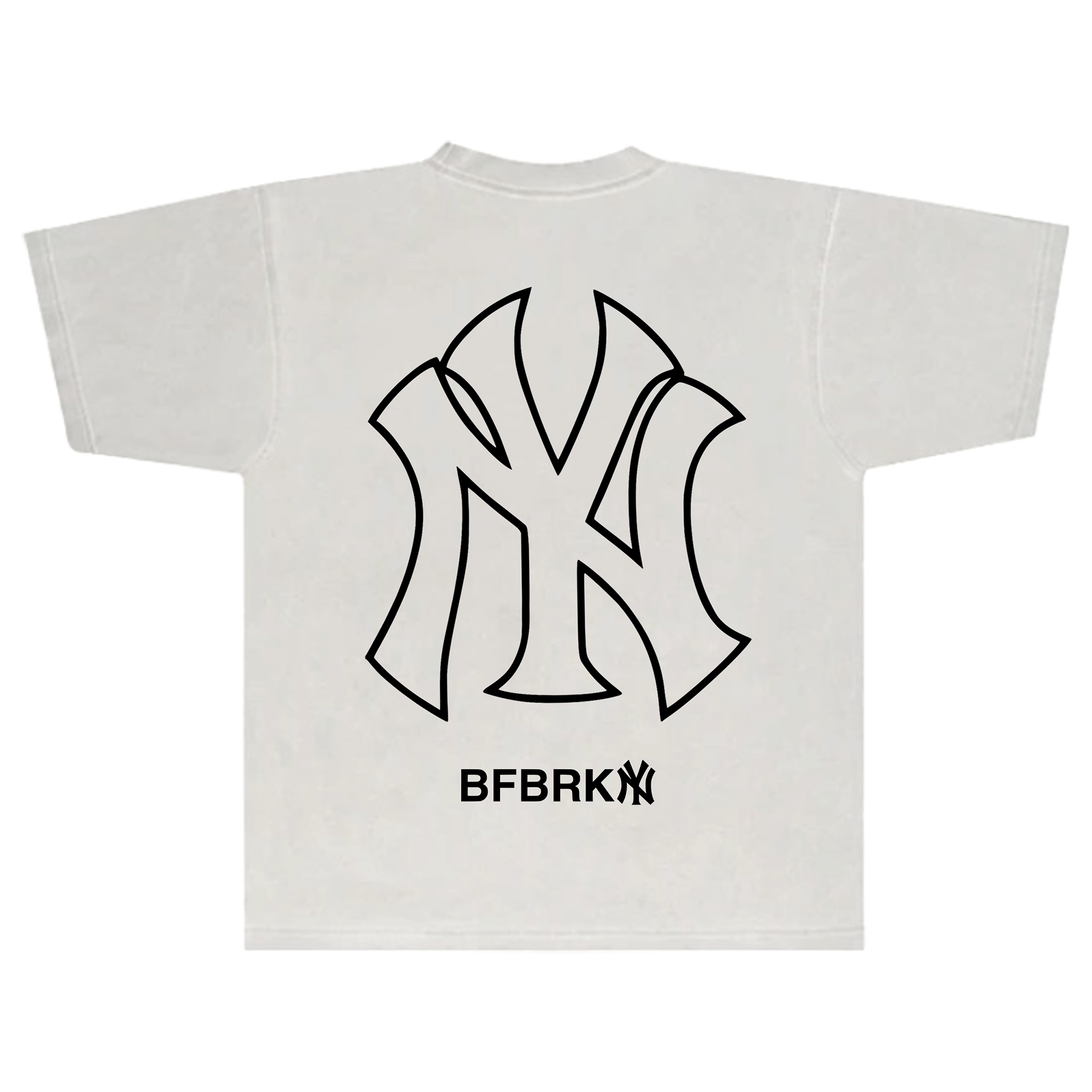 White t-shirt with black New York Yankee Logo and 'BFBRKN' text on a white background