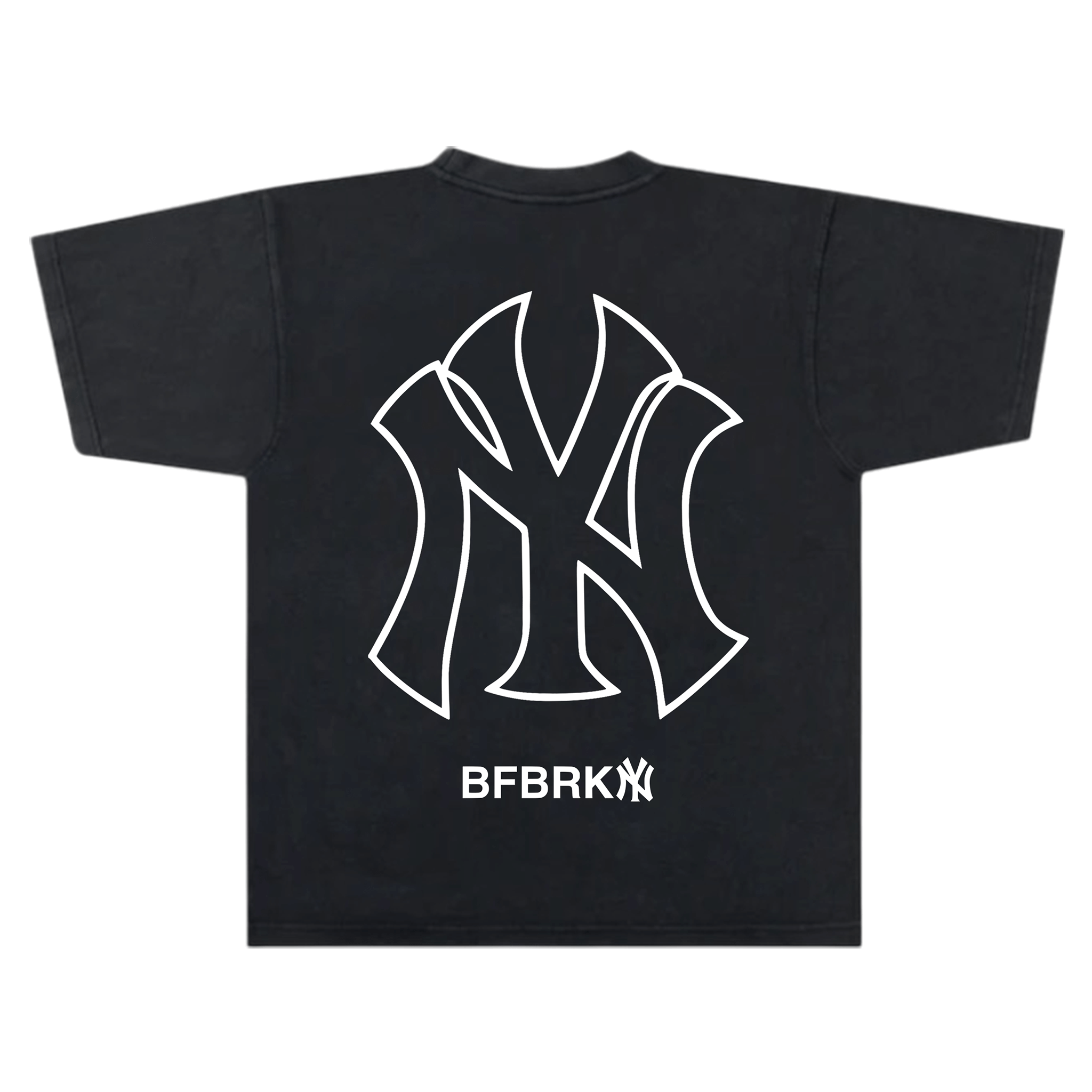 Black t-shirt with white New York Yankee Logo and 'BFBRKN' text on a white background